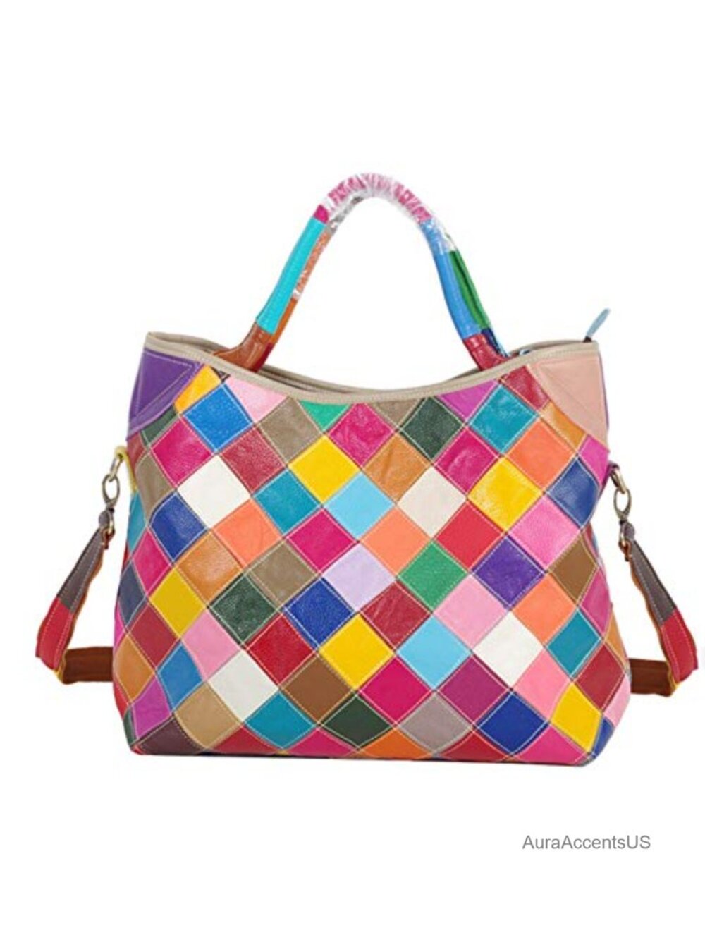 Genuine Leather Hobo Tote Shoulder Bag Multicolored Stitching